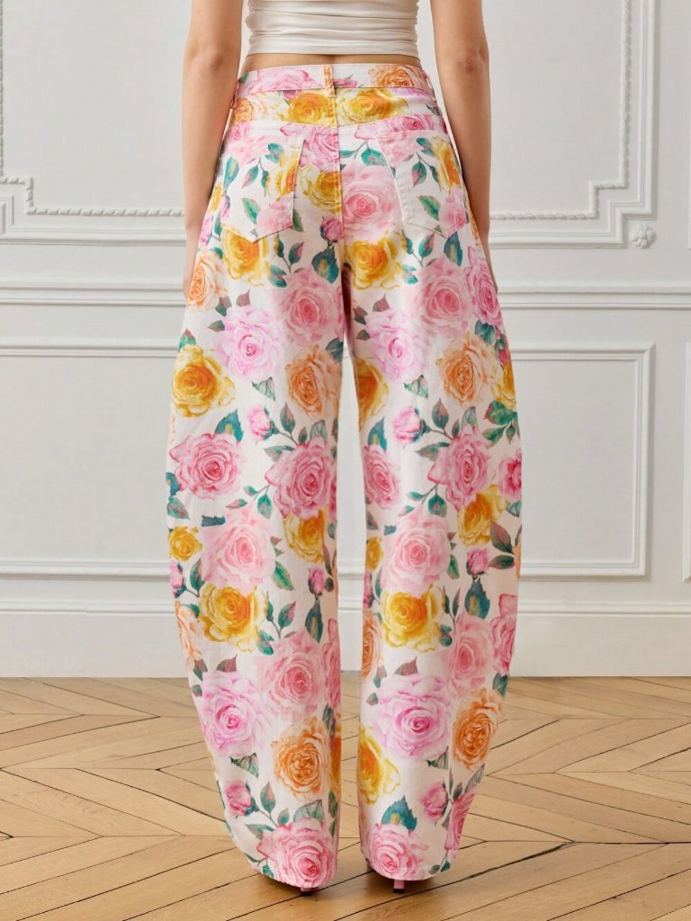 White Boho Women's / Watercolor Colorful Floral Denim Print Flared Pants - Picture 2 of 5